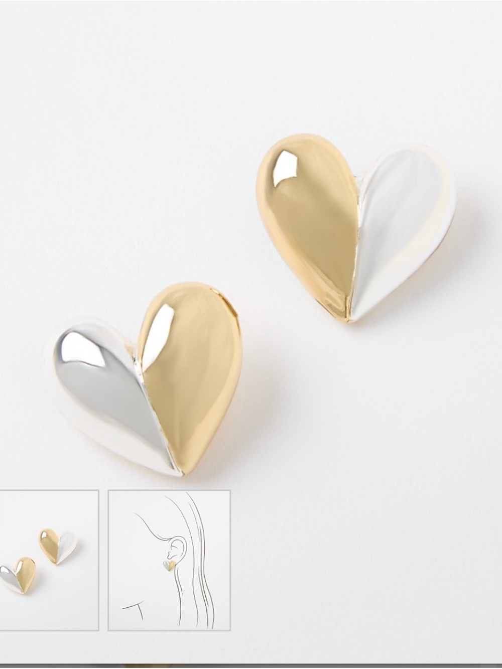 LOFT Two-Tone Gold and Silver Heart Stud Earrings - Women Jewelry